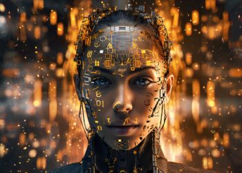 A woman with futuristic, cybernetic features stares forward against a glowing, abstract background filled with digital data symbols. Her face is partially covered with metallic and circuit-like patterns, blending technology with human elements, as if she's the embodiment of rising AI stocks. | 5StarsStocks
