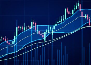 A financial chart with candlesticks, line graphs, and volume bars indicates market trends, highlighting stocks to invest in. The chart features upward and downward movements, with blue bands representing moving averages. A blue grid background provides contrast for the colorful data. | 5StarsStocks