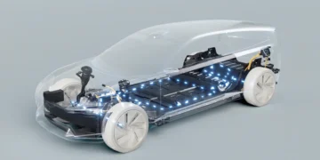 Transparent, futuristic 3D-rendering of an electric car showcasing internal components with illuminated blue lights highlighting the EV battery stocks and electronic systems. The vehicle body is see-through with emphasis on the technology inside, including the drivetrain and battery pack. | 5StarsStocks