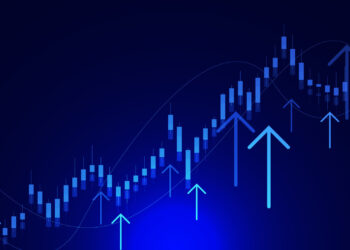 A dark blue background image showcasing a financial stock chart with multiple candlesticks and upward pointing arrows. The chart, illuminated in various shades of blue, represents a rising trend in growth stocks, indicating an increase in value over time. | 5StarsStocks