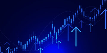 A dark blue background image showcasing a financial stock chart with multiple candlesticks and upward pointing arrows. The chart, illuminated in various shades of blue, represents a rising trend in growth stocks, indicating an increase in value over time. | 5StarsStocks