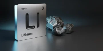 A graphic representation of lithium stocks is depicted with the element's symbol "Li", atomic number "3", and atomic weight "6.941" on a metallic square panel. Beside it, three pieces of rough lithium ore are displayed against a dark gradient background. | 5StarsStocks