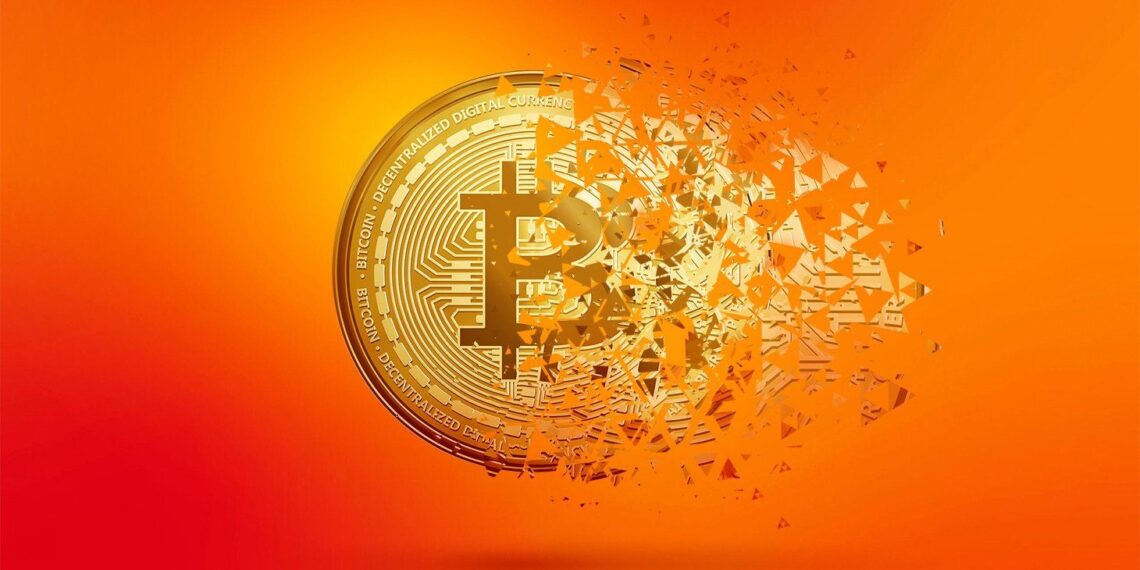 A gold Bitcoin coin disintegrates into fragments on an orange background, symbolizing the volatility and dynamic nature of crypto stocks. The left side of the coin is intact, while the right side breaks into triangular pieces that scatter outward. | 5StarsStocks