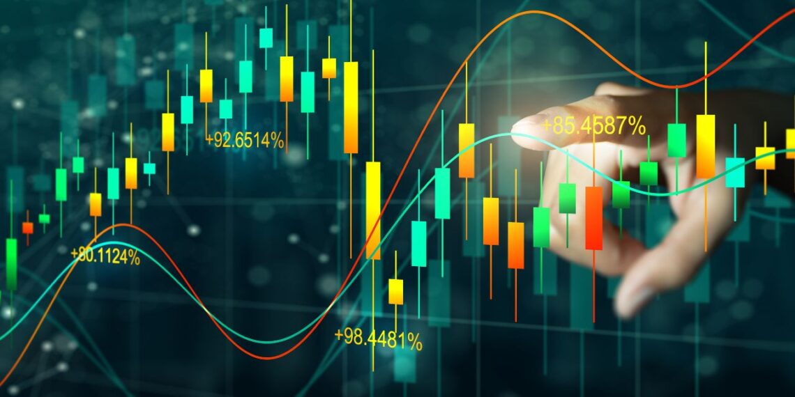 A hand touches a digital screen displaying a colorful financial graph with fluctuating candlestick patterns and percentage data, representing market trends and analysis of high dividend stocks. The background is dark with a network of data points and lines. | 5StarsStocks