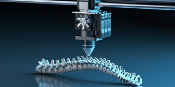 A 3D printer is creating a detailed model of a human spine. The scene is lit with a blue hue, highlighting the intricate vertebrae structure being printed layer by layer. This innovative technology continues to capture the interest of those investing in 3D printing stocks. | 5StarsStocks