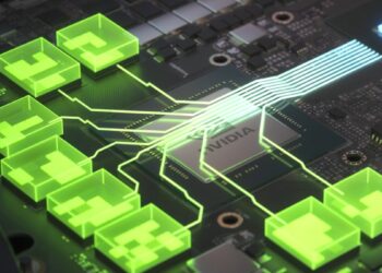 Close-up of a computer motherboard with a visible NVIDIA chip in the center. Glowing green digital lines and boxes are superimposed over the circuitry, symbolizing data flow and connectivity. The image evokes advanced technology and data processing, making one wonder, "Is NVIDIA a good stock to buy? | 5StarsStocks