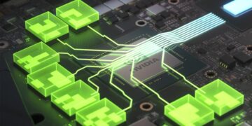 Close-up of a computer motherboard with a visible NVIDIA chip in the center. Glowing green digital lines and boxes are superimposed over the circuitry, symbolizing data flow and connectivity. The image evokes advanced technology and data processing, making one wonder, "Is NVIDIA a good stock to buy? | 5StarsStocks