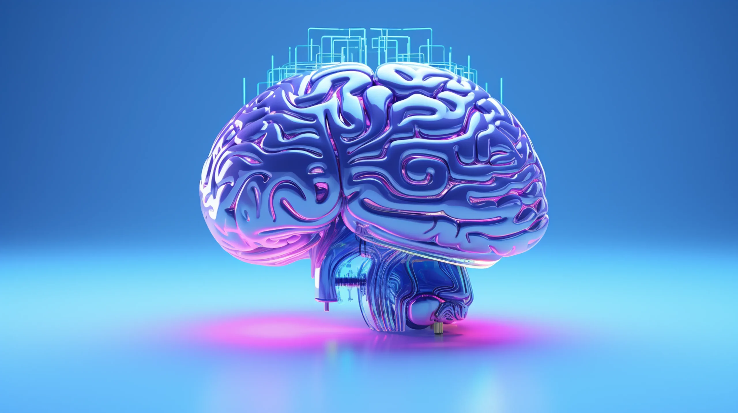 A digital rendering of a stylized brain, depicted with intricate, glowing purple and blue patterns, embodies the essence of AI. The brain stands on a small platform with a soft, pink light illuminating its base, set against a gradient blue background. | 5StarsStocks