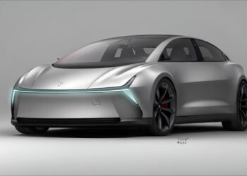 A sleek, silver futuristic-looking electric car with dark-tinted windows is shown against a plain background. The front grille is minimalistic with a light strip running across the front. This Tesla stock model boasts aerodynamic lines and black alloy wheels. | 5StarsStocks