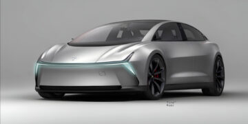 A sleek, silver futuristic-looking electric car with dark-tinted windows is shown against a plain background. The front grille is minimalistic with a light strip running across the front. This Tesla stock model boasts aerodynamic lines and black alloy wheels. | 5StarsStocks