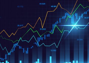 A stock market graph with multiple colored lines representing different data sets, each varying in height and direction, set against a dark blue background with grid lines and numerical values. A bright light effect highlights one intersection point on the chart from 5StarsStocks .com | 5StarsStocks