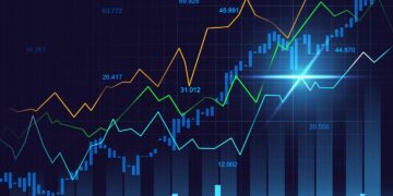 A stock market graph with multiple colored lines representing different data sets, each varying in height and direction, set against a dark blue background with grid lines and numerical values. A bright light effect highlights one intersection point on the chart from 5StarsStocks .com | 5StarsStocks