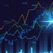 A stock market graph with multiple colored lines representing different data sets, each varying in height and direction, set against a dark blue background with grid lines and numerical values. A bright light effect highlights one intersection point on the chart from 5StarsStocks .com | 5StarsStocks