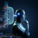 A humanoid robot in profile view is deep in thought, with a network of colorful, glowing lines and nodes extending from the back of its head, symbolizing a complex neural network. The background is a dark, gradient blue, highlighting the robot and the neural patterns—much like trends in AI stocks. | 5StarsStocks
