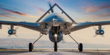 A front view of a military drone with a sleek, aerodynamic design, positioned on a runway. The sky in the background is painted with hues of orange and pink from the setting sun, creating a dramatic and picturesque scene—a testament to innovations impacting Aerospace & Defense Stocks. | 5StarsStocks