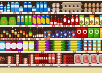 Illustration of a supermarket shelf stocked with various food items. Top row: milk cartons and egg cartons; second row: bottled beverages and condiments; third row: canned goods; fourth row: fruits, cereals, and boxed items; fifth row: meats and sausages—a typical display one might find when investing in consumer staples stocks. | 5StarsStocks