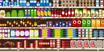 Illustration of a supermarket shelf stocked with various food items. Top row: milk cartons and egg cartons; second row: bottled beverages and condiments; third row: canned goods; fourth row: fruits, cereals, and boxed items; fifth row: meats and sausages—a typical display one might find when investing in consumer staples stocks. | 5StarsStocks