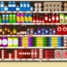Illustration of a supermarket shelf stocked with various food items. Top row: milk cartons and egg cartons; second row: bottled beverages and condiments; third row: canned goods; fourth row: fruits, cereals, and boxed items; fifth row: meats and sausages—a typical display one might find when investing in consumer staples stocks. | 5StarsStocks