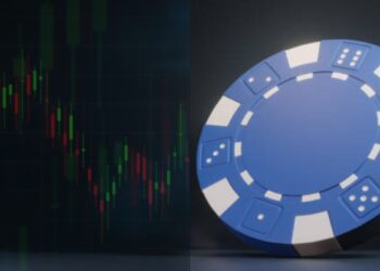 A split image showing a stock market chart with green and red candlesticks on the left and a large blue casino chip with white accents on the right. The juxtaposition suggests themes of investment and gambling. | 5StarsStocks