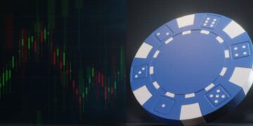 A split image showing a stock market chart with green and red candlesticks on the left and a large blue casino chip with white accents on the right. The juxtaposition suggests themes of investment and gambling. | 5StarsStocks