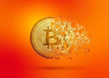 A Bitcoin emblem disintegrates into small triangular fragments on a vibrant orange background, symbolizing the volatility and fragmentation within the crypto stocks market. | 5StarsStocks