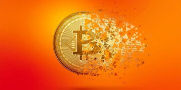 A Bitcoin emblem disintegrates into small triangular fragments on a vibrant orange background, symbolizing the volatility and fragmentation within the crypto stocks market. | 5StarsStocks
