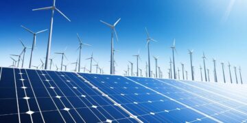 A field of solar panels in the foreground with numerous wind turbines scattered across the background under a clear blue sky. The scene depicts a renewable energy landscape, highlighting both solar and wind power generation, capturing the essence of renewable energy stocks' growth potential. | 5StarsStocks