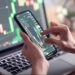 Close-up of a person holding a smartphone with a stock trading app displaying a candlestick chart. A laptop with similar financial charts is open in the background, suggesting active monitoring of stock market or cryptocurrency prices, possibly for credit repair strategies. | 5StarsStocks