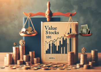 Image of a balanced scale with coins on one side and a stack of money on the other, placed in front of a book titled "Value Stocks 101." Piles of coins, dollar signs, and a graph emphasizing value stocks and financial themes surround the book. | 5StarsStocks