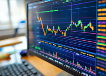 A computer monitor displays a colorful financial chart with multiple lines and bars, representing fluctuating stock prices from 5StarsStocks .com Stock Market. The chart is situated in a work environment, with parts of a keyboard and mouse visible in the background. | 5StarsStocks