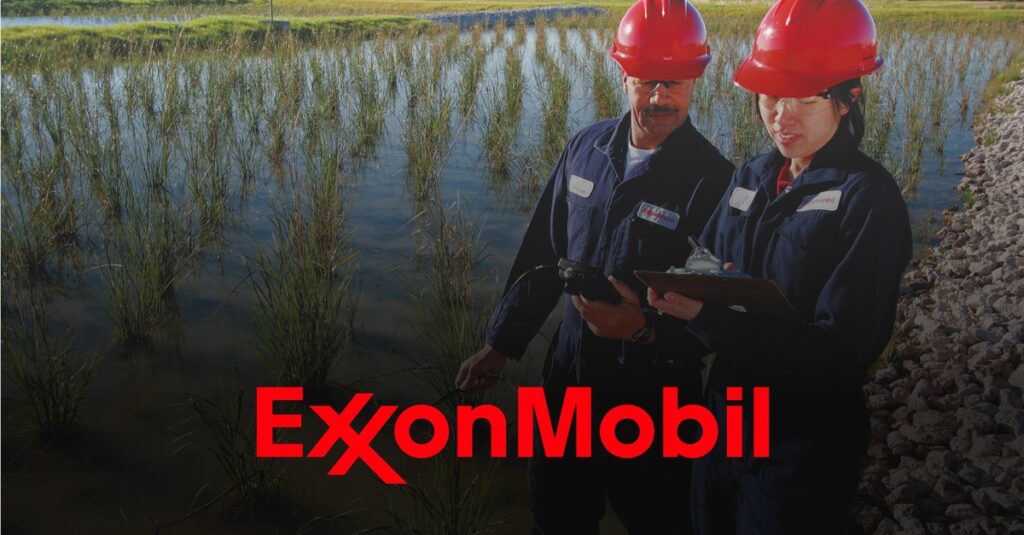 Two workers in dark coveralls and red helmets are standing in front of a wetland area with tall grass, reviewing documents on a clipboard. The ExxonMobil logo is prominently displayed at the bottom center of the image. | 5StarsStocks
