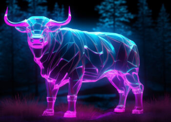 A neon, holographic bull stands majestically against a dark forest backdrop. The bull is illuminated in vibrant shades of purple and blue, with geometric patterns making up its body, glowing against the background of silhouetted trees—a perfect metaphor for the bullish trends on 5StarsStocks.com Best Stocks. | 5StarsStocks