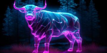 A neon, holographic bull stands majestically against a dark forest backdrop. The bull is illuminated in vibrant shades of purple and blue, with geometric patterns making up its body, glowing against the background of silhouetted trees—a perfect metaphor for the bullish trends on 5StarsStocks.com Best Stocks. | 5StarsStocks