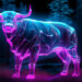 A neon, holographic bull stands majestically against a dark forest backdrop. The bull is illuminated in vibrant shades of purple and blue, with geometric patterns making up its body, glowing against the background of silhouetted trees—a perfect metaphor for the bullish trends on 5StarsStocks.com Best Stocks. | 5StarsStocks