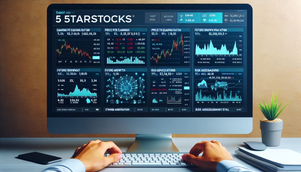A person is using a computer displaying various stock market graphs and data on 5StarsStocks. The screen shows sections titled "Earnings Per Share," "Price Per Earnings," "Future Growth," and more. The workspace has a potted plant, a smartphone, and a closed notebook. | 5StarsStocks
