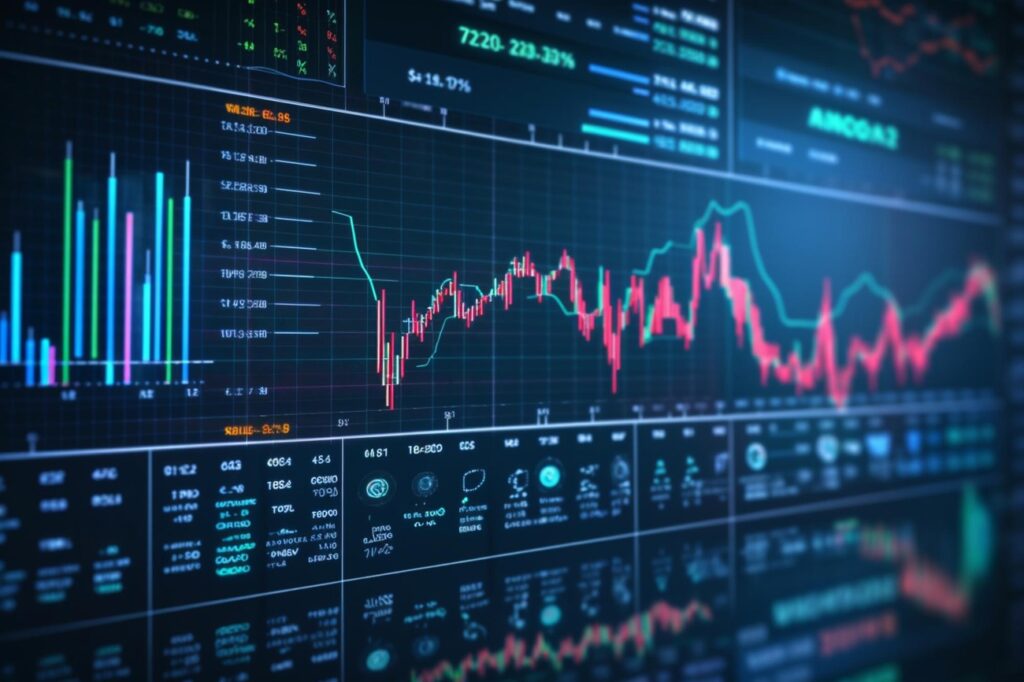 A digital screen displaying various financial charts and graphs, including line charts, bar graphs, and numerical data. The imagery represents stock market data with colorful lines showing fluctuations in market prices and volumes. | 5StarsStocks