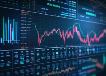 A digital screen from 5StarsStocks.com Stocks displays complex financial graphs, charts, and data. The primary focus is on a fluctuating line graph in red and green, with various bar charts and numerical figures representing Stocks market analysis and trading information. | 5StarsStocks