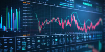 A digital screen from 5StarsStocks.com Stocks displays complex financial graphs, charts, and data. The primary focus is on a fluctuating line graph in red and green, with various bar charts and numerical figures representing Stocks market analysis and trading information. | 5StarsStocks
