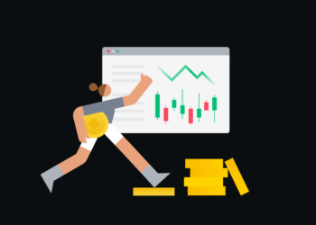 A simplified illustration of a person holding a cryptocurrency coin, running towards a financial chart showing candlestick patterns and a line graph. The background is dark, with stacks of gold bars near the person's feet and "Stop-Loss" highlighted on the chart. | 5StarsStocks