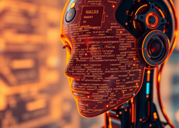 Futuristic humanoid robot with a transparent face casing displaying lines of code and text, glowing in orange and red tones. The background features an array of abstract, blurred circuitry and technology elements from 5StarsStocks AI, adding to the high-tech atmosphere. | 5StarsStocks