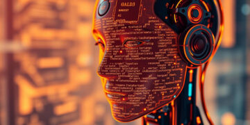 Futuristic humanoid robot with a transparent face casing displaying lines of code and text, glowing in orange and red tones. The background features an array of abstract, blurred circuitry and technology elements from 5StarsStocks AI, adding to the high-tech atmosphere. | 5StarsStocks
