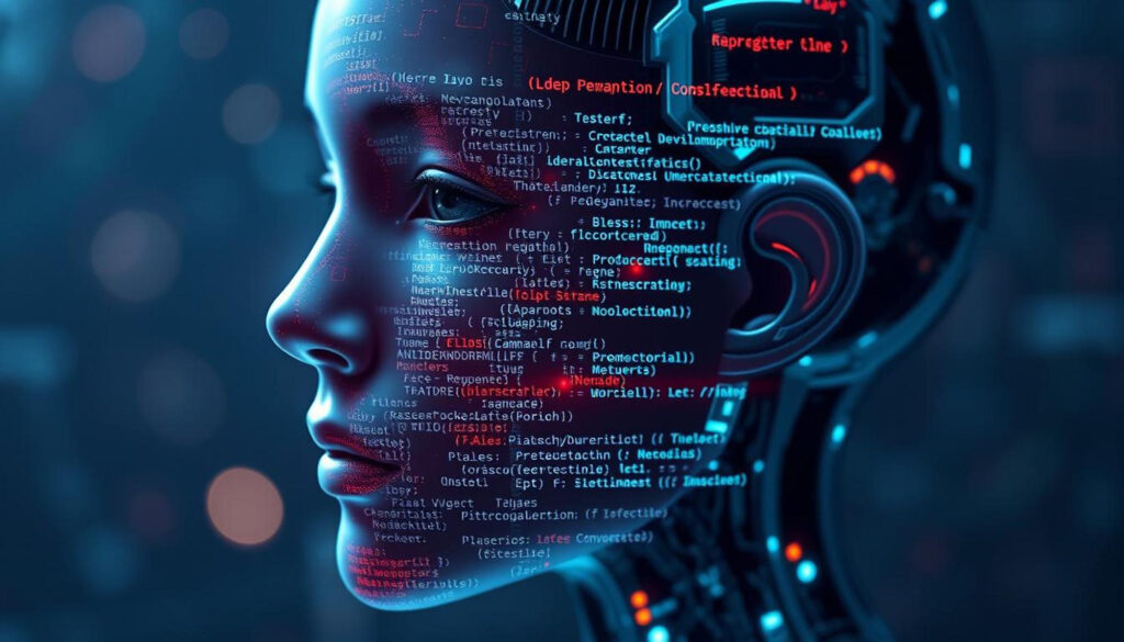 A futuristic depiction of an android with a transparent head displaying a complex array of computer code. The background is dark with bokeh lights, highlighting the cybernetic and technological aesthetic of the image. | 5StarsStocks