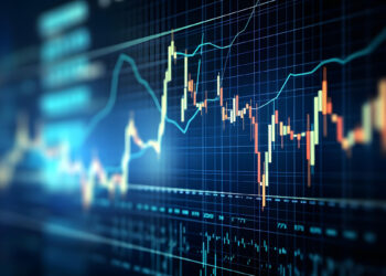 An abstract image of a financial stock market graph showing fluctuating lines, bars, and grid overlay. The chart features various peaks and troughs, indicating market volatility, with a glowing blue and orange color scheme on a dark background. | 5StarsStocks