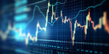 An abstract image of a financial stock market graph showing fluctuating lines, bars, and grid overlay. The chart features various peaks and troughs, indicating market volatility, with a glowing blue and orange color scheme on a dark background. | 5StarsStocks