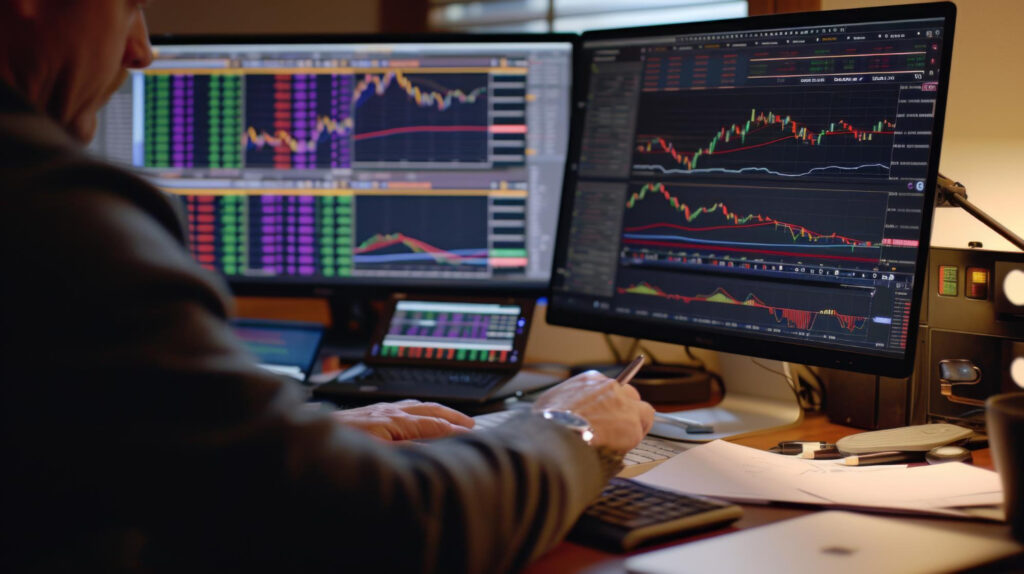 A person sits at a desk with multiple monitors displaying various financial charts and graphs from 5StarsStocks.com. The screens show stock prices, market trends, and other data. Papers, a keyboard, and a mouse clutter the desk in the dimly lit room. | 5StarsStocks