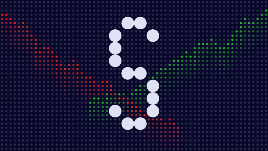 A digital image shows a stylized letter "S" made from white dots on a dark background. Red and green dots form an upward and downward trend, resembling financial or stock market data, intersecting in the middle behind the "S". | 5StarsStocks