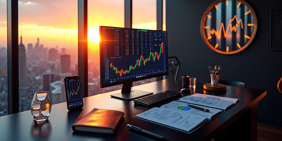 Modern office with a large monitor displaying stock market charts, a smartphone with a similar chart, documents, a notebook, and a glass of water on the desk. A wall clock in the background shows a market chart design. City skyline at sunset outside. | 5StarsStocks