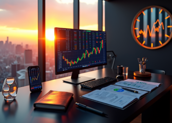 Modern office with a large monitor displaying stock market charts, a smartphone with a similar chart, documents, a notebook, and a glass of water on the desk. A wall clock in the background shows a market chart design. City skyline at sunset outside. | 5StarsStocks