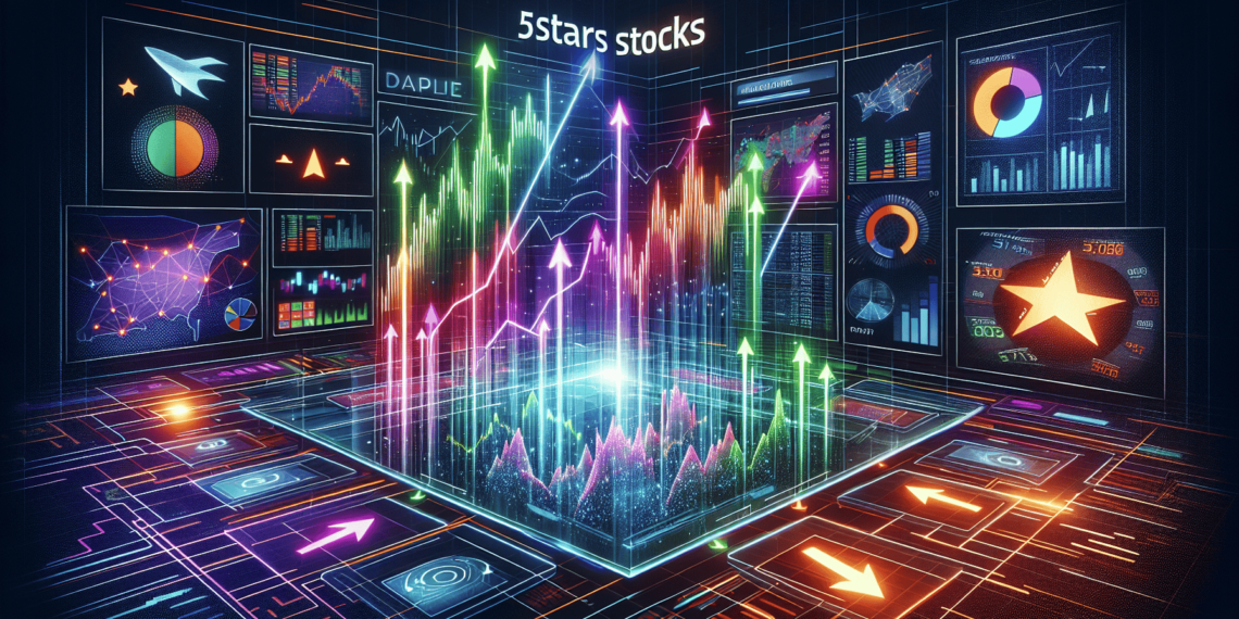 A futuristic stock market dashboard with digital charts and graphs. Colorful arrows and fluctuating lines rise from a central display labeled "5starsstocks," surrounded by various data visualizations on screens. | 5StarsStocks