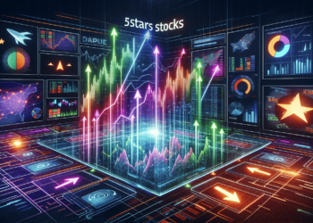 A futuristic stock market dashboard with digital charts and graphs. Colorful arrows and fluctuating lines rise from a central display labeled "5starsstocks," surrounded by various data visualizations on screens. | 5StarsStocks